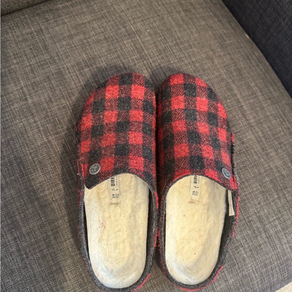 Make an Offer Birkenstock red black plaid slippers
